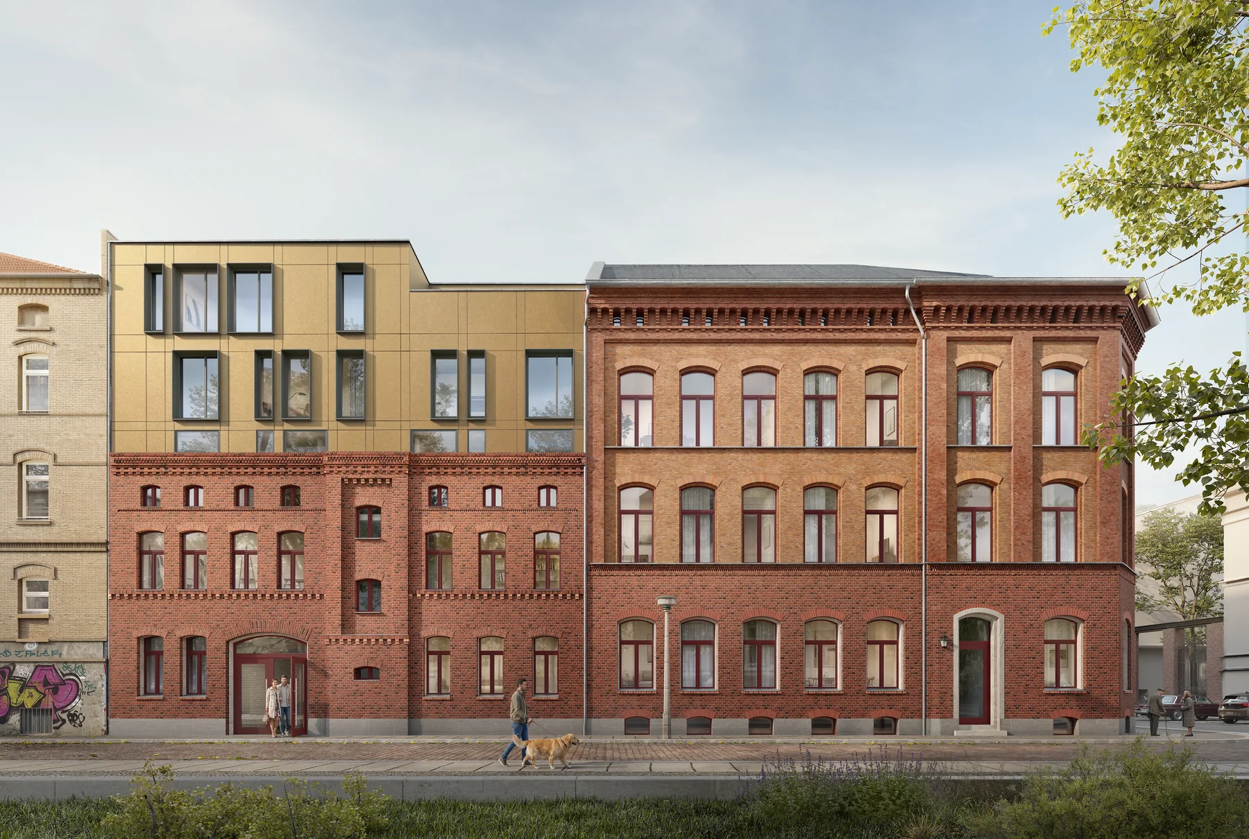 Seitenansicht mit historischer Klinkerfassade und neuem Dachaufbau