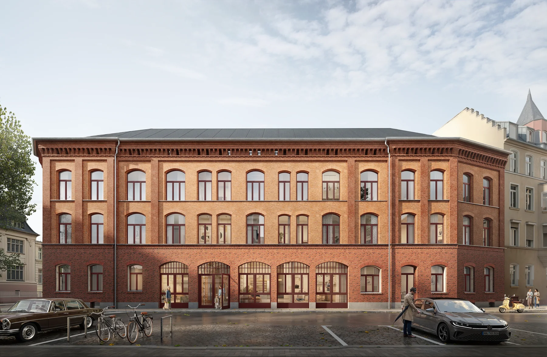 Frontale Stra&szlig;enansicht der sanierten Klinkerfassade