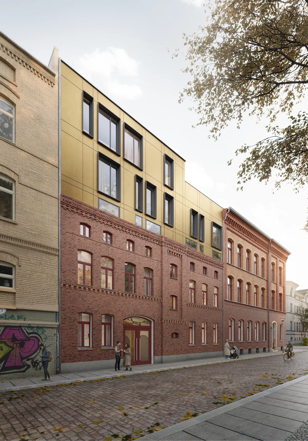 Perspektive die Stra&szlig;e entlang auf das Geb&auml;udeensemble